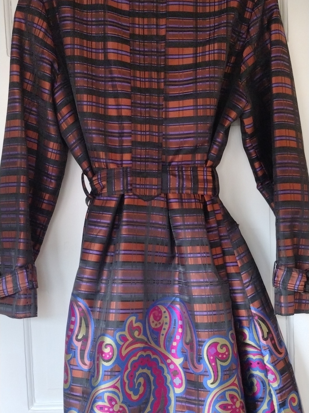 Samual Dong Colorful Plaid Trench Coat with Paisley Hem - Picture 7 of 9
